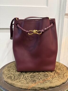 Bottega Veneta Burgundy Leather Bucket Bag with Braided Handle
